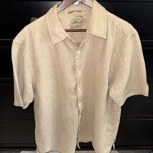 True Grit Shirt Mens Large Tan Khaki Short Sleeve Surf Beach Resort Linen